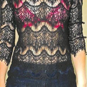 Forever 21 M crochet black lace sheer top 3/4